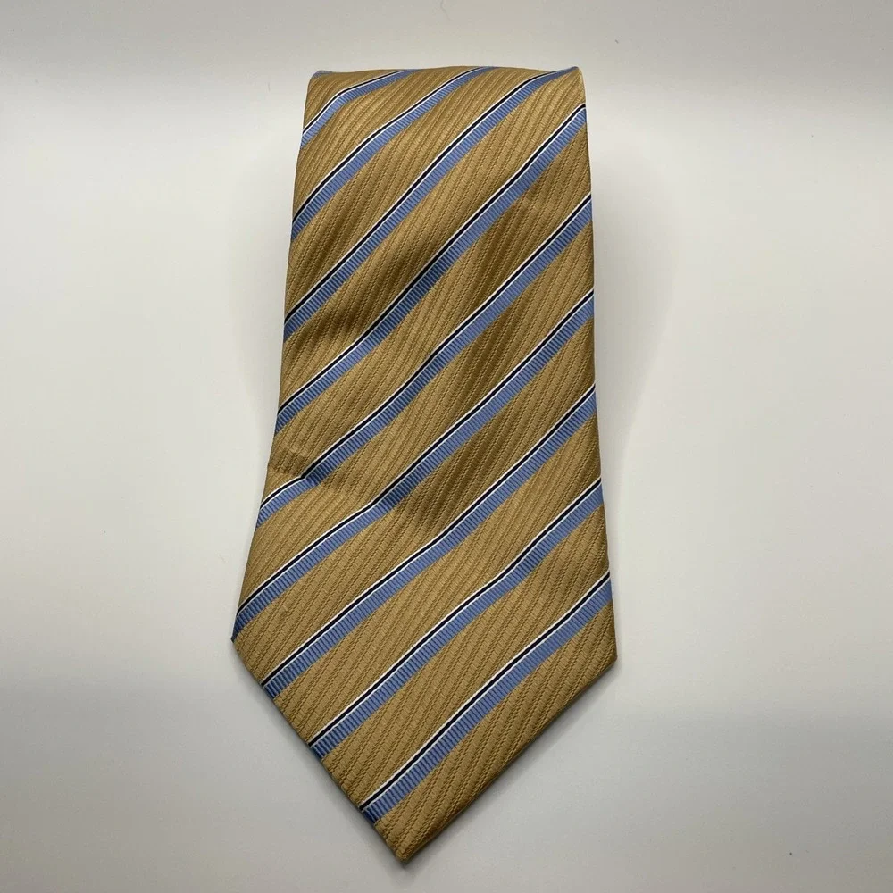 GEOFFREY BEAN LONG tie gold with blue stripes stain resistant fabric 59 X‎ 4